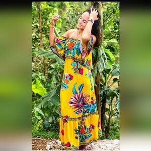 FLYING TOMATO Floral Off-Shoulder Yellow Maxi  Dress Size S